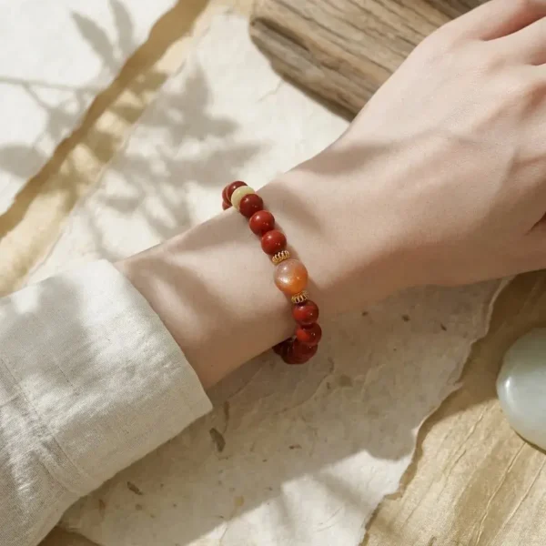 Vibrant single-loop Bing Yang Fire metaphysical bracelet worn gracefully on the wrist.