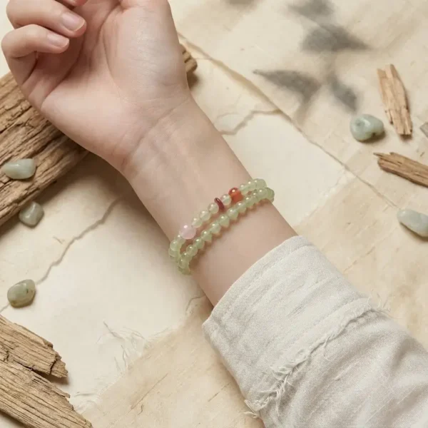Layered double-loop Yi Yin Wood energy bracelet worn on the wrist to attract vitality.