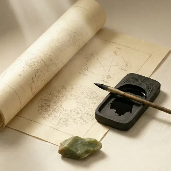 Ancient Chinese book with Wu Xing five elements diagram and calligraphy, representing authentic Bazi reading and Eastern spiritual identity.