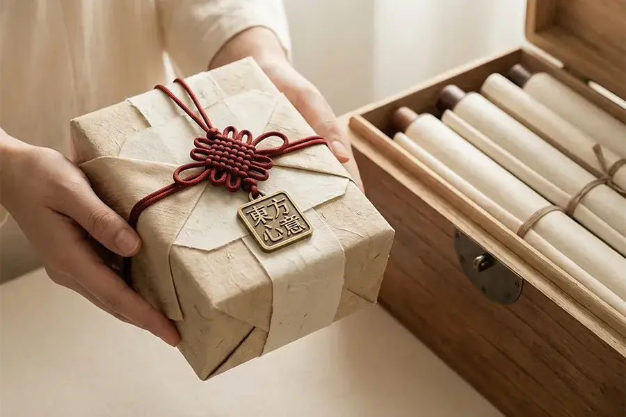 Beautifully wrapped spiritual gift box with silk ribbon and Eastern scrolls, representing mindful subscriptions and Taoist wisdom gifts.