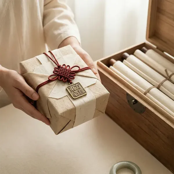 Beautifully wrapped spiritual gift box with silk ribbon and Eastern scrolls, representing mindful subscriptions and Taoist wisdom gifts.