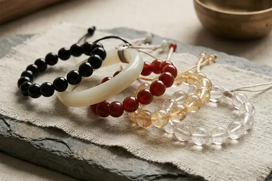 Curated collection of natural crystal and gemstone bracelets arranged by the Five Elements, used as bespoke energy catalysts.