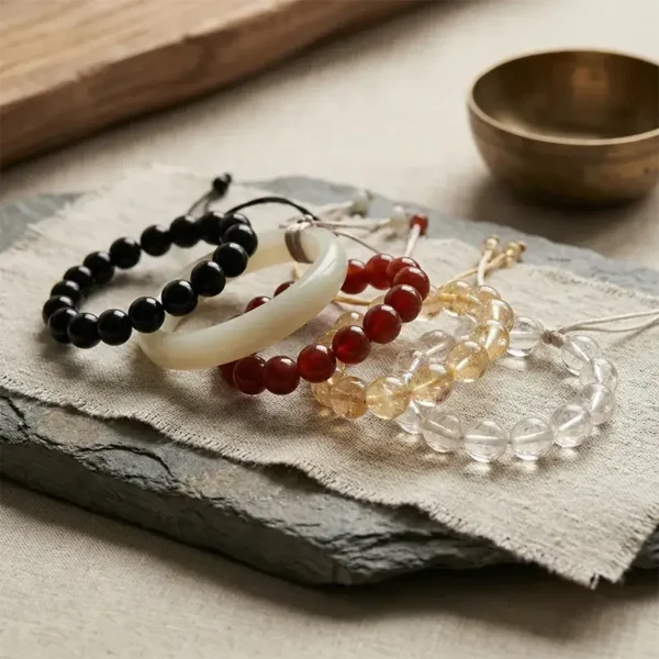 Curated collection of natural crystal and gemstone bracelets arranged by the Five Elements, used as bespoke energy catalysts.