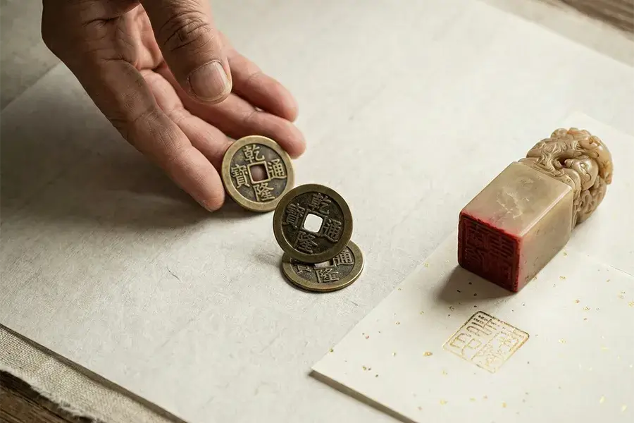 I-Ching divination coins and a custom carved Chinese name seal with red ink on rice paper, representing ancient Eastern oracle guidance.