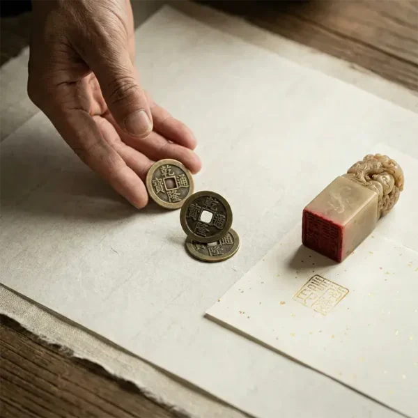 I-Ching divination coins and a custom carved Chinese name seal with red ink on rice paper, representing ancient Eastern oracle guidance.