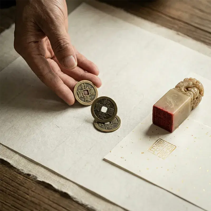 I-Ching divination coins and a custom carved Chinese name seal with red ink on rice paper, representing ancient Eastern oracle guidance.