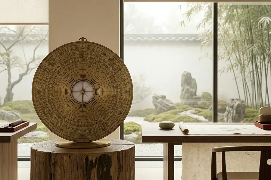 Traditional Feng Shui Luo Pan compass on a wooden table with a serene Zen garden view, symbolizing spatial harmony and energy flow.