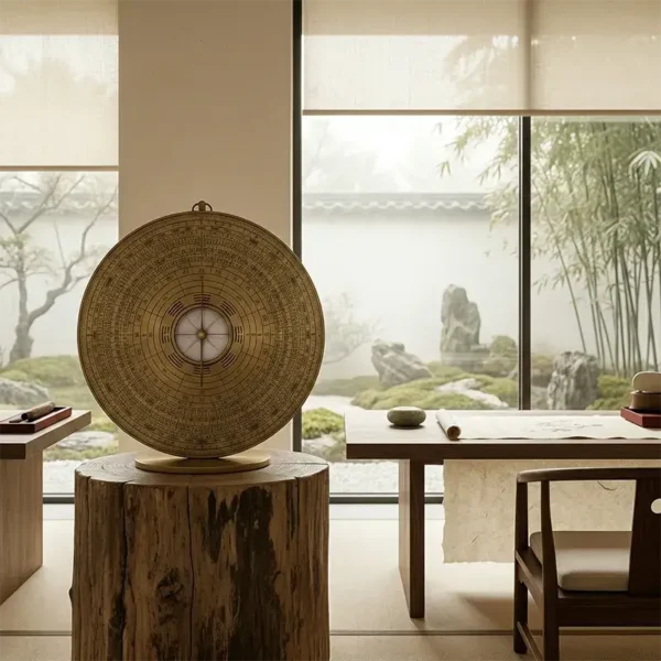 Traditional Feng Shui Luo Pan compass on a wooden table with a serene Zen garden view, symbolizing spatial harmony and energy flow.