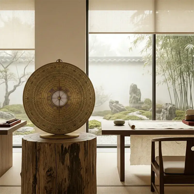 professional-remote-feng-shui-audit-luo-pan-compass-square Traditional Feng Shui Luo Pan compass on a wooden table with a serene Zen garden view, symbolizing spatial harmony and energy flow.