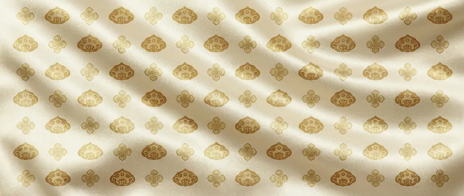 Elegant silk texture background featuring traditional Chinese auspicious Ruyi and persimmon floral motifs. A mindful aesthetic pattern representing good fortune and Eastern wisdom by Tao Zenith.