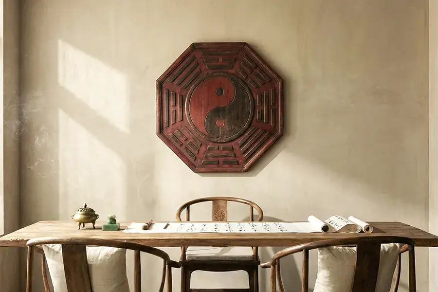 A serene traditional Chinese consultation room featuring a BaGua map, representing Tao Zenith's premium BaZi and Feng Shui reading services.