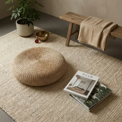 Tao Zenith annual flying star Feng Shui adjustment. A minimalist Zen space with a woven meditation cushion, a singing bowl, and stacked books on a textured rug.