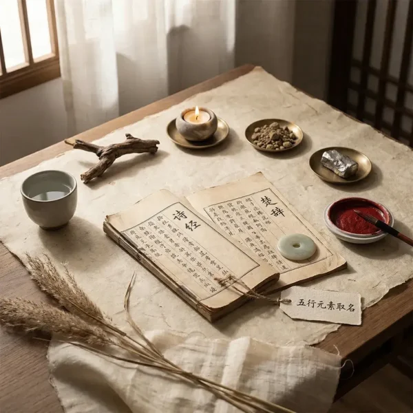 tao-zenith-authentic-chinese-name-creation-service Tao Zenith authentic Chinese naming service for soul identity. Ancient Chinese poetry books, a calligraphy brush, red ink, and a jade stone arranged on a linen cloth.