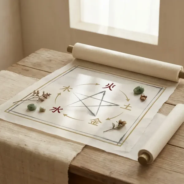 Tao Zenith basic energy diagnosis report. A translucent scroll illustrating the Five Elements pentagram cycle with Chinese characters, decorated with natural stones and dried botanicals.
