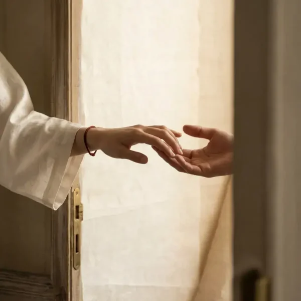 tao-zenith-bazi-relationship-compatibility-love-guide Tao Zenith Bazi relationship compatibility and love guide. Two hands gently reaching for each other through a traditional wooden door, one wearing a red string of fate.