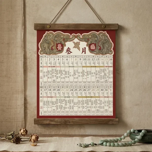 tao-zenith-bespoke-auspicious-date-selection-guide Tao Zenith bespoke auspicious date selection guide. A traditional Chinese almanac calendar hanging on a wall, accompanied by a green jade bead necklace in the foreground.
