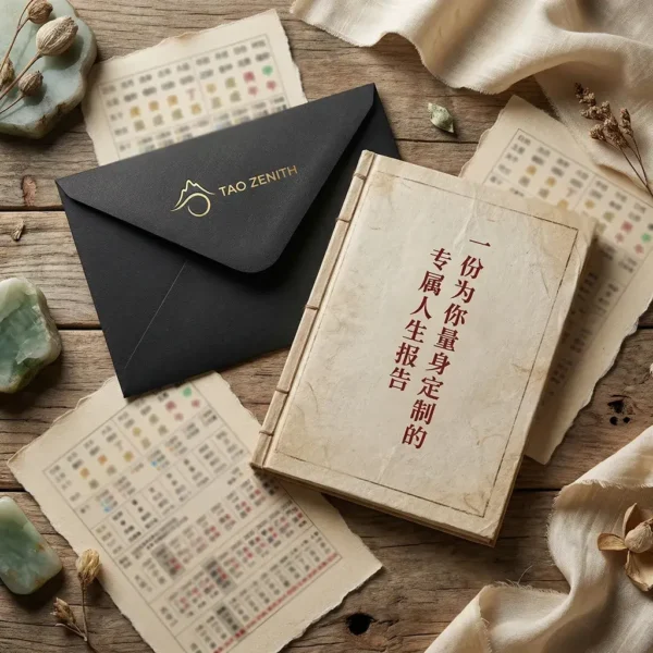 Tao Zenith comprehensive Bazi life blueprint report. A customized traditional Chinese thread-bound book, a premium black envelope with a gold logo, and detailed astrological charts arranged on a rustic wooden desk with jade stones.