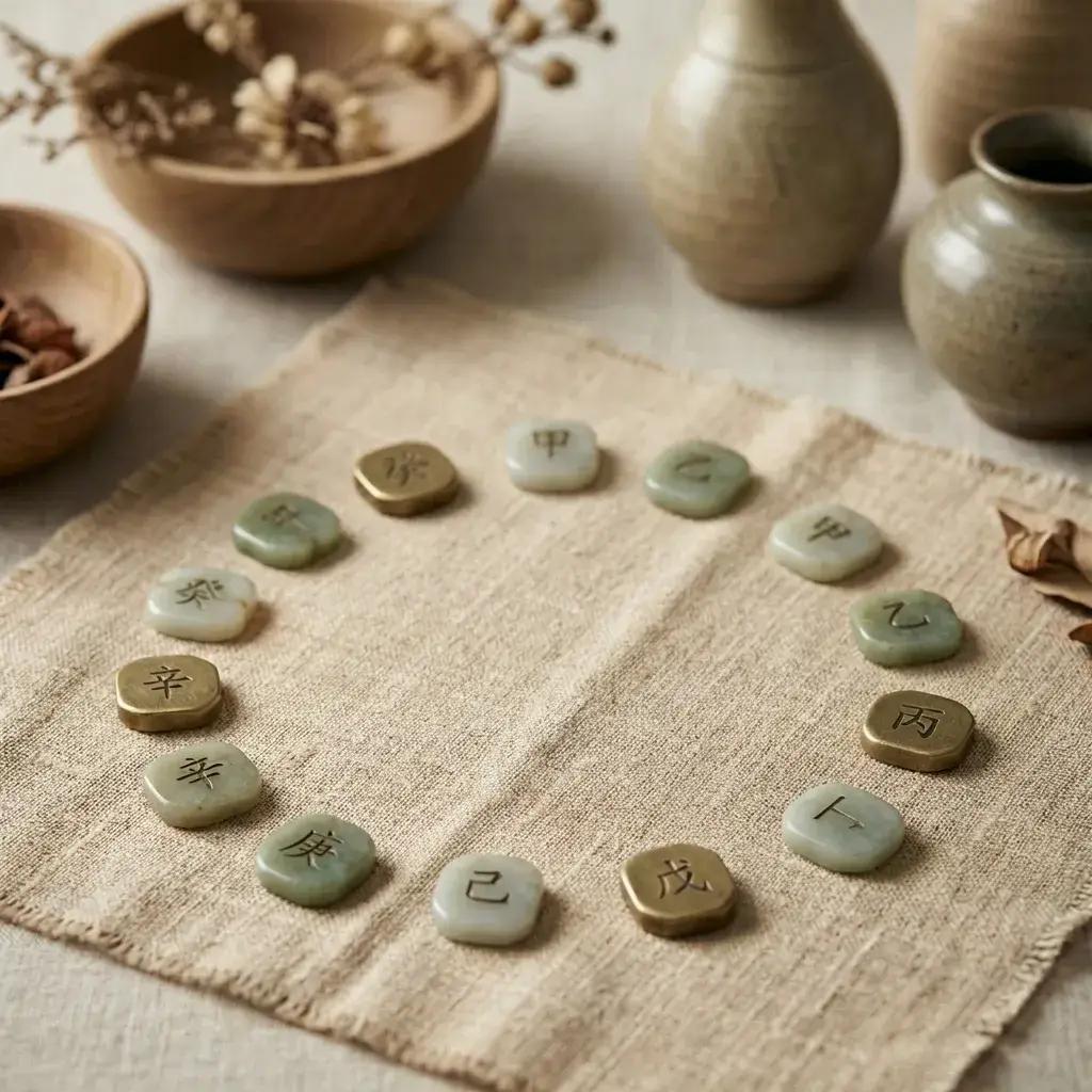 Tao Zenith Five Elements origin archetype reading. A circular arrangement of jade and bronze tiles engraved with Chinese astrological characters on a rustic linen cloth.