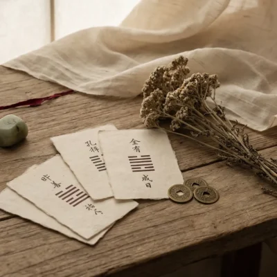 Tao Zenith I Ching oracle reading and divination. Three traditional Chinese bronze coins, paper cards with hexagrams, and dried botanicals resting on a rustic wooden table in soft sunlight.