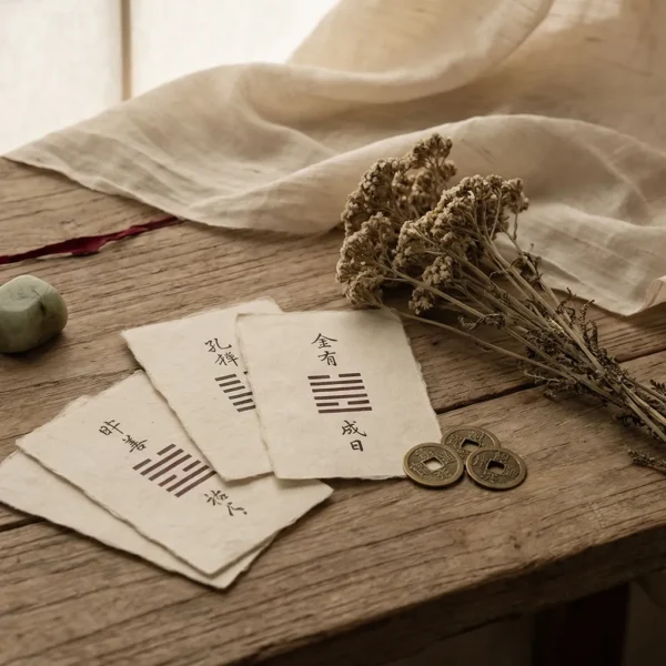 Tao Zenith I Ching oracle reading and divination. Three traditional Chinese bronze coins, paper cards with hexagrams, and dried botanicals resting on a rustic wooden table in soft sunlight.