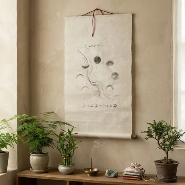 tao-zenith-mindfulness-monthly-energy-cycle-subscription Tao Zenith mindfulness energy cycle monthly subscription. A hanging scroll depicting ink-wash moon phases, with burning incense, potted plants, and colorful pouches on a wooden console.