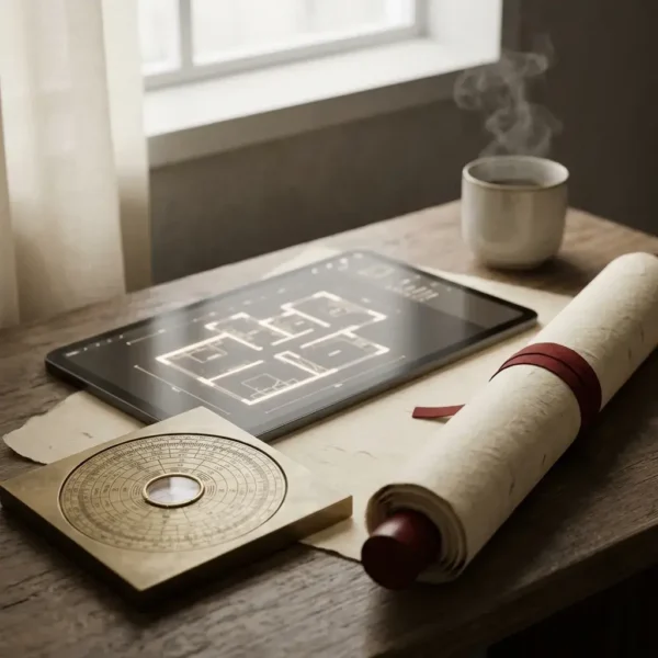 Tao Zenith remote Feng Shui space reading consultation. A digital tablet showing a floor plan alongside a traditional Luo Pan compass and a paper scroll on a wooden desk.