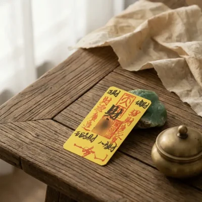 An authentic Taoist talisman hand-drawn with cinnabar ink on a rustic table, resting on a rustic wooden table beside raw jade and a brass pot