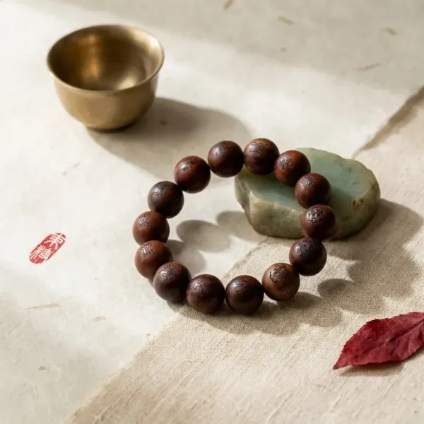 Authentic lightning struck wood bracelet carved with Daoist mantras for spiritual protection