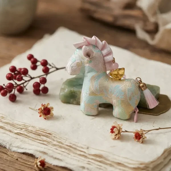song-brocade-horse-charm-osmanthus-scent A pastel Song brocade horse charm filled with dried osmanthus flowers, resting on textured paper with red berries