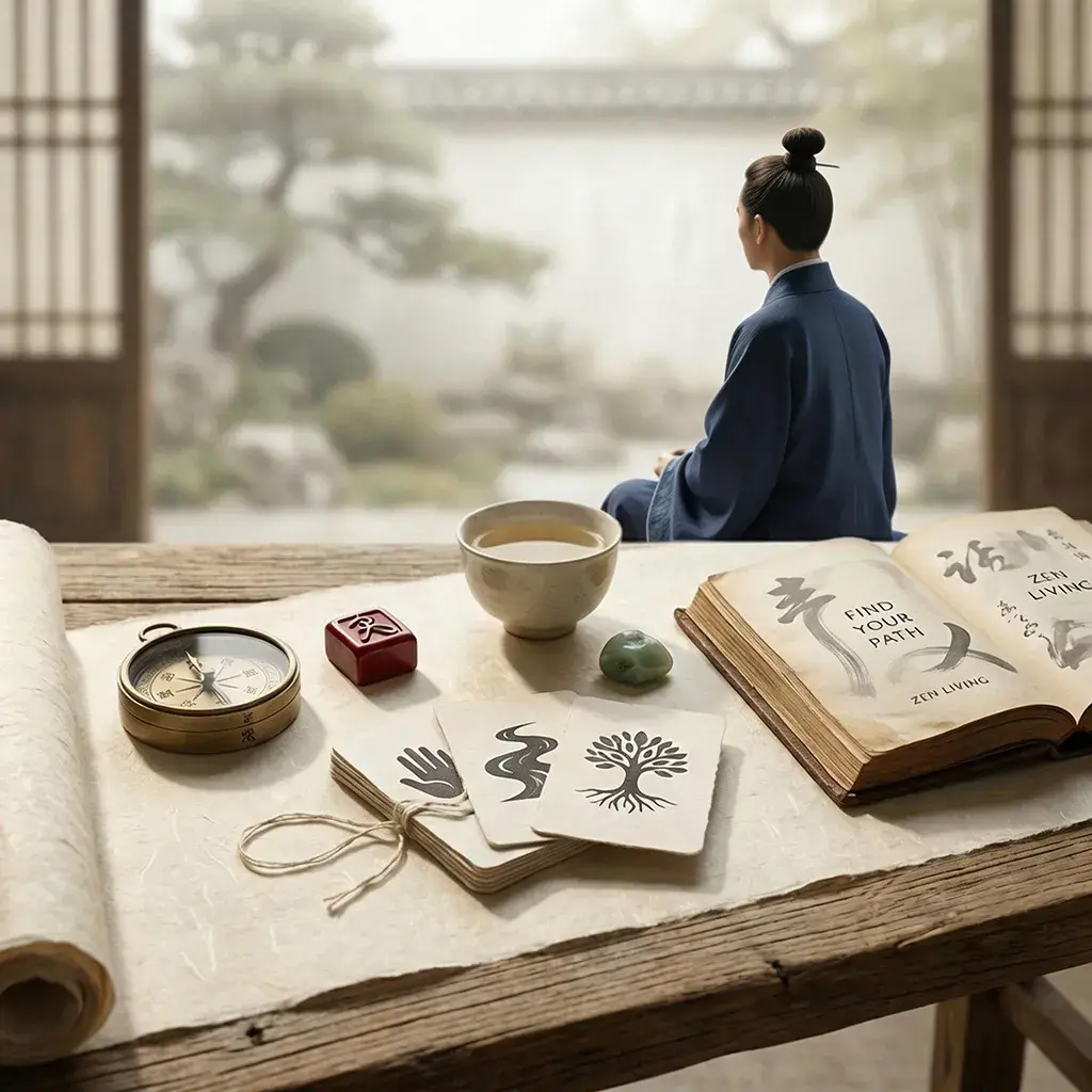 Tao Zenith Bazi reading for soul mission and life purpose. A serene wooden desk featuring a traditional compass, elemental cards, and a book reading "Find Your Path", with a person meditating in a Zen garden background.