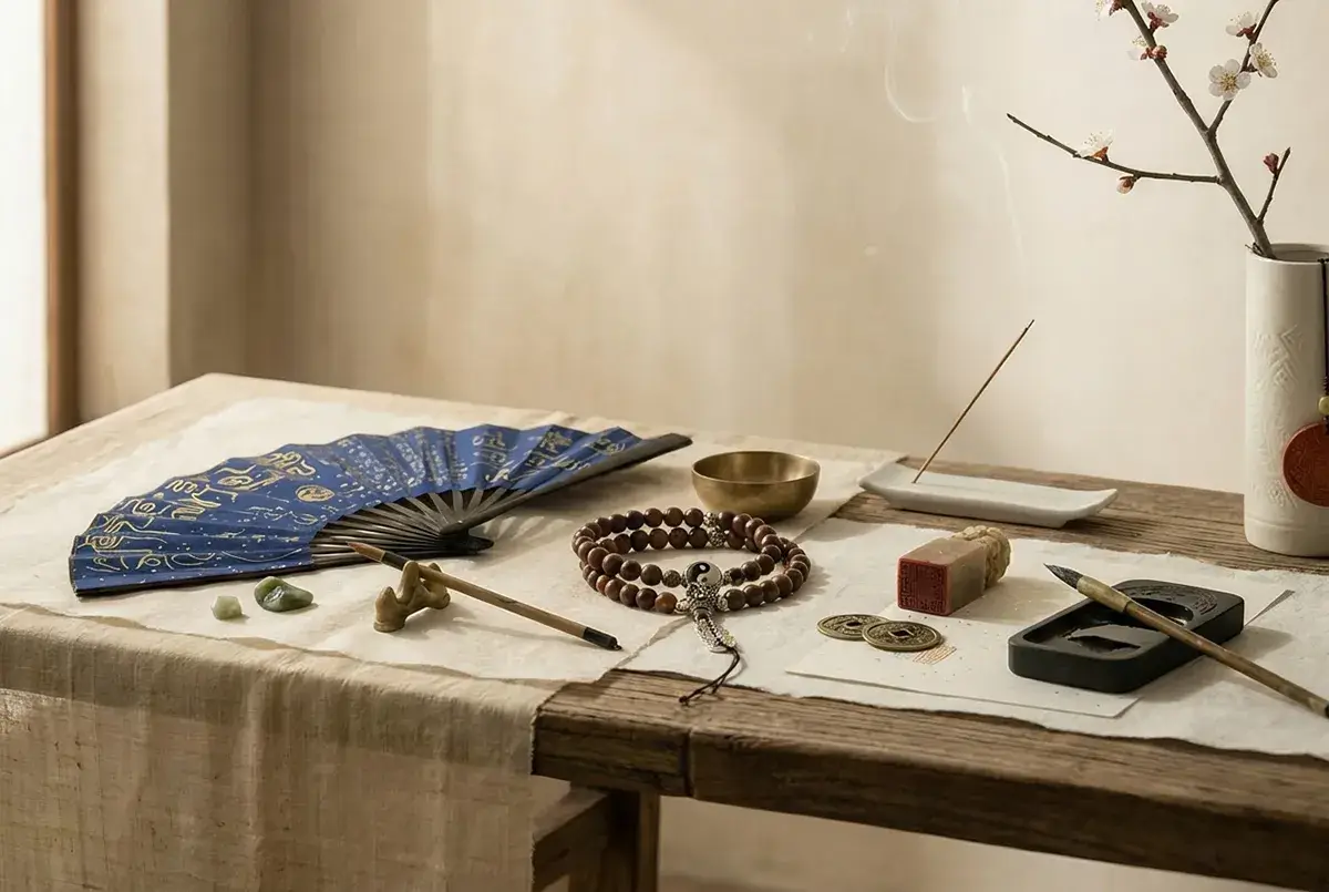 Tao Zenith shop collection for Eastern metaphysics and Zen lifestyle. A tranquil wooden desk displaying authentic spiritual tools, including a blue calligraphy fan, a Yin-Yang bead bracelet, burning incense, and ancient coins.