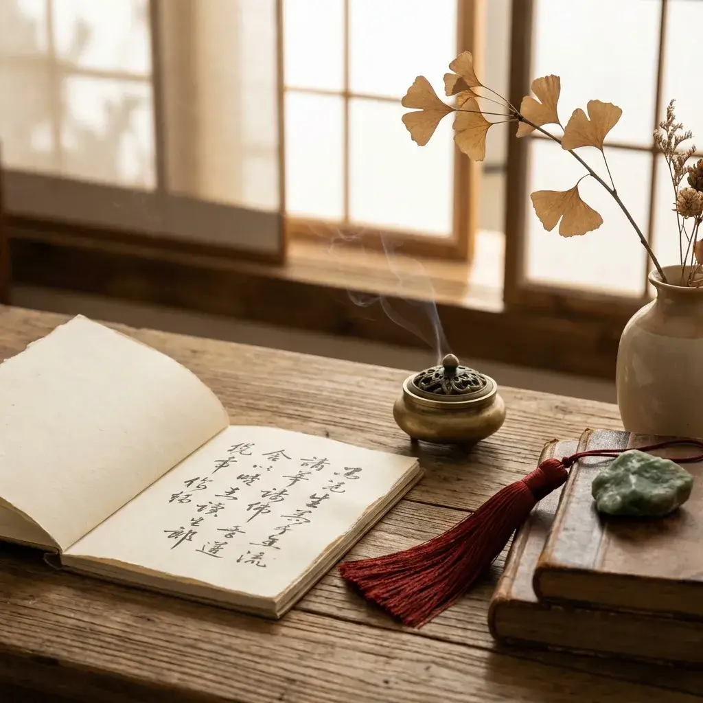 Antique brass inkwell and silk-wrapped calligraphy brush on handmade paper, representing Eastern wisdom and mindful journaling at Tao Zenith.