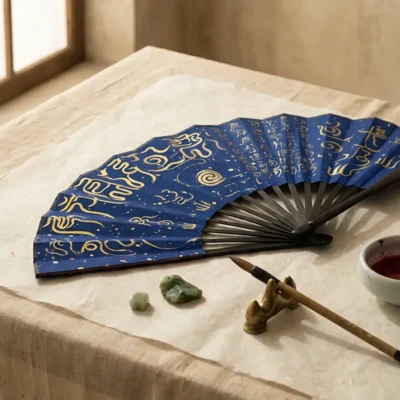 A Taoist golden cloud script fan resting on a table with a calligraphy brush, red ink, and raw jade