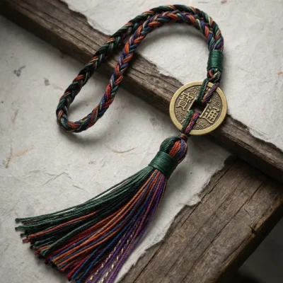 A Taoist hand-braided bronze talisman with a colorful tassel and Mountain Spirit coin resting on linen and rustic wood