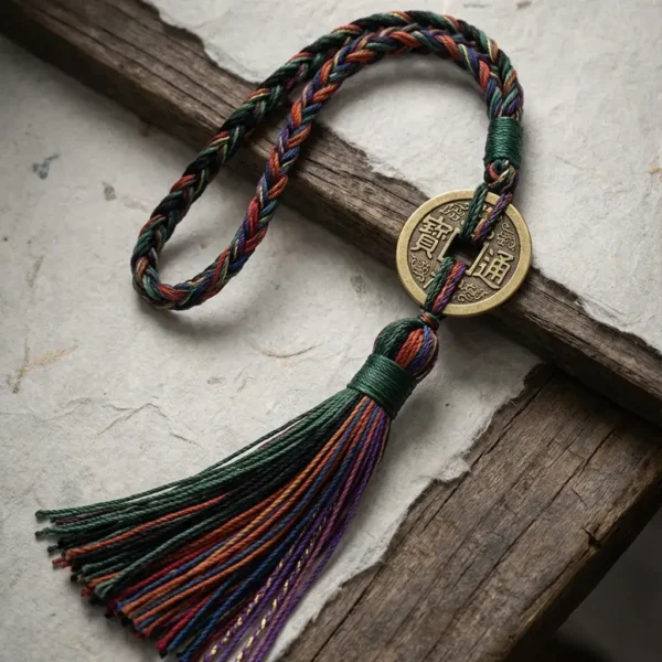 A Taoist hand-braided bronze talisman with a colorful tassel and Mountain Spirit coin resting on linen and rustic wood