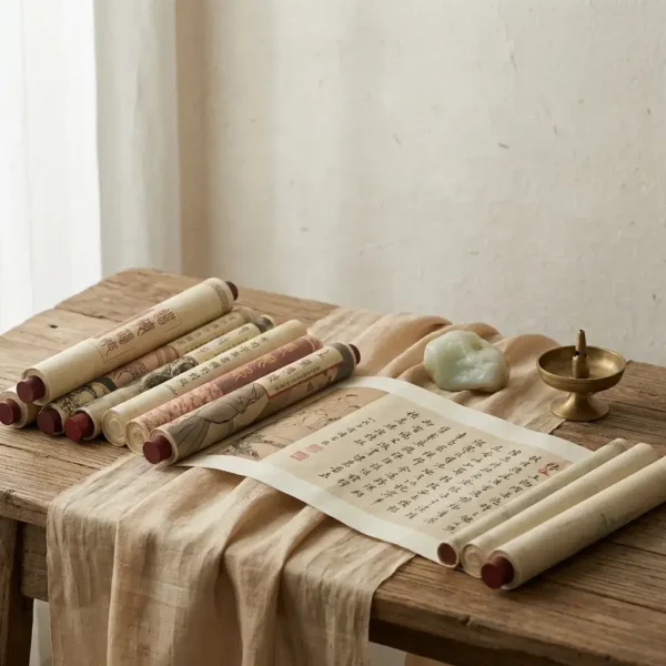 taoist-seal-script-calligraphy-scroll-meditation Vintage seal script calligraphy scrolls unrolled on a wooden table next to a brass incense holder and raw jade